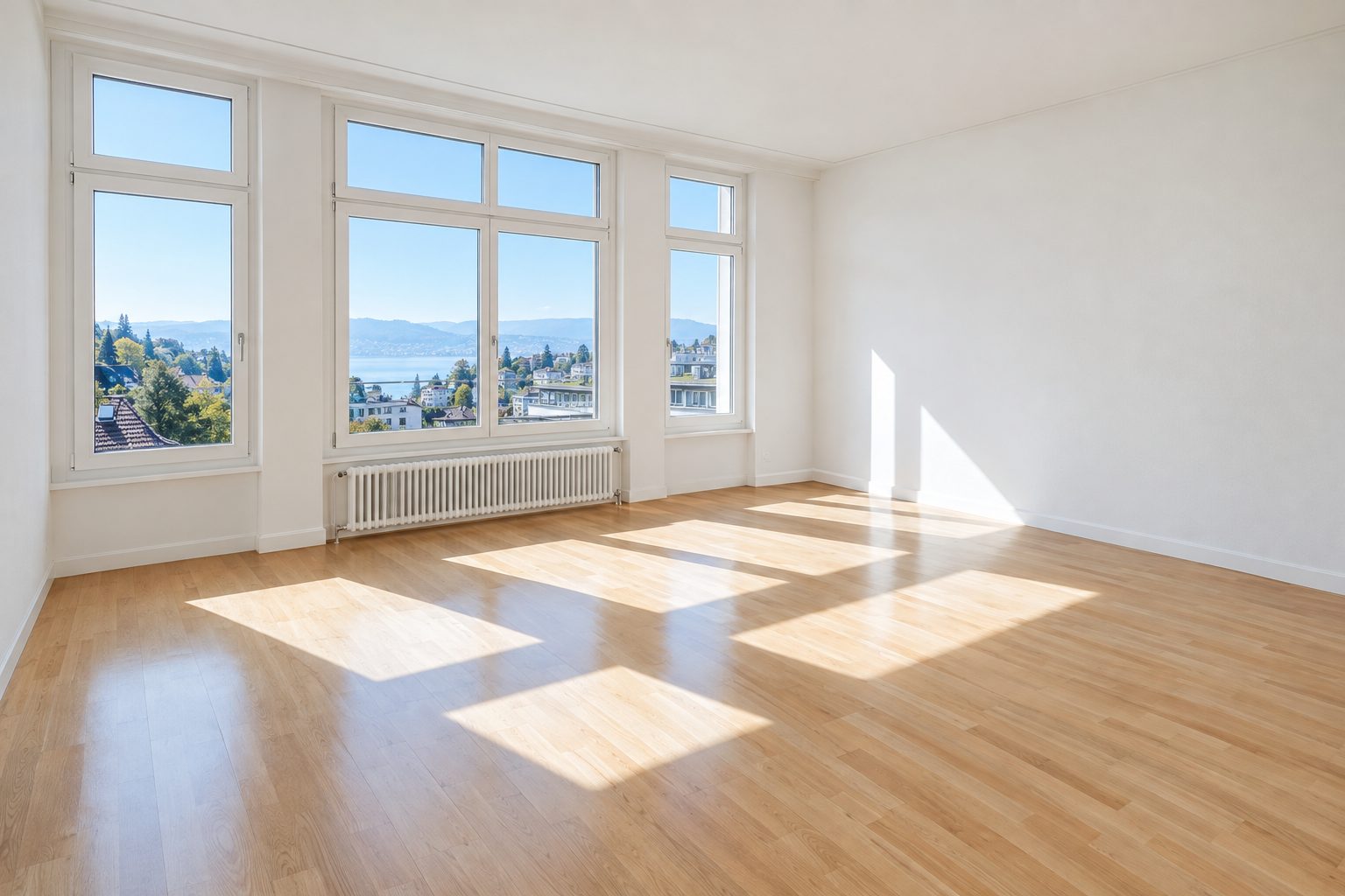 Leere, frisch gereinigte Schweizer Wohnung mit Parkettboden nach der Umzugsreinigung