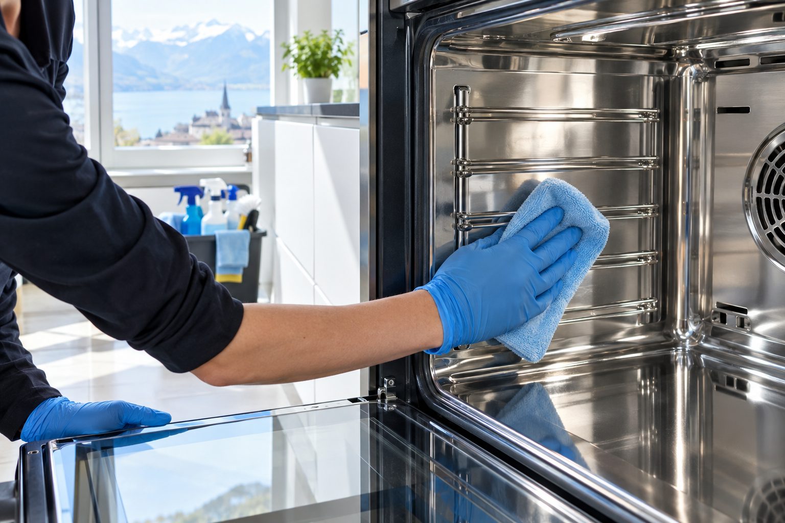 Reinigungskraft reinigt den Backofen in einer Schweizer Küche mit blauen Handschuhen und Mikrofasertuch