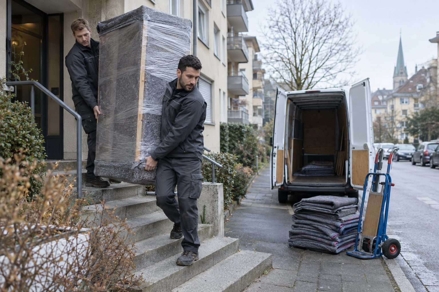 Zwei Mitarbeiter von Redkan tragen einen verpackten Schrank aus einem Wohnhaus zum Umzugswagen